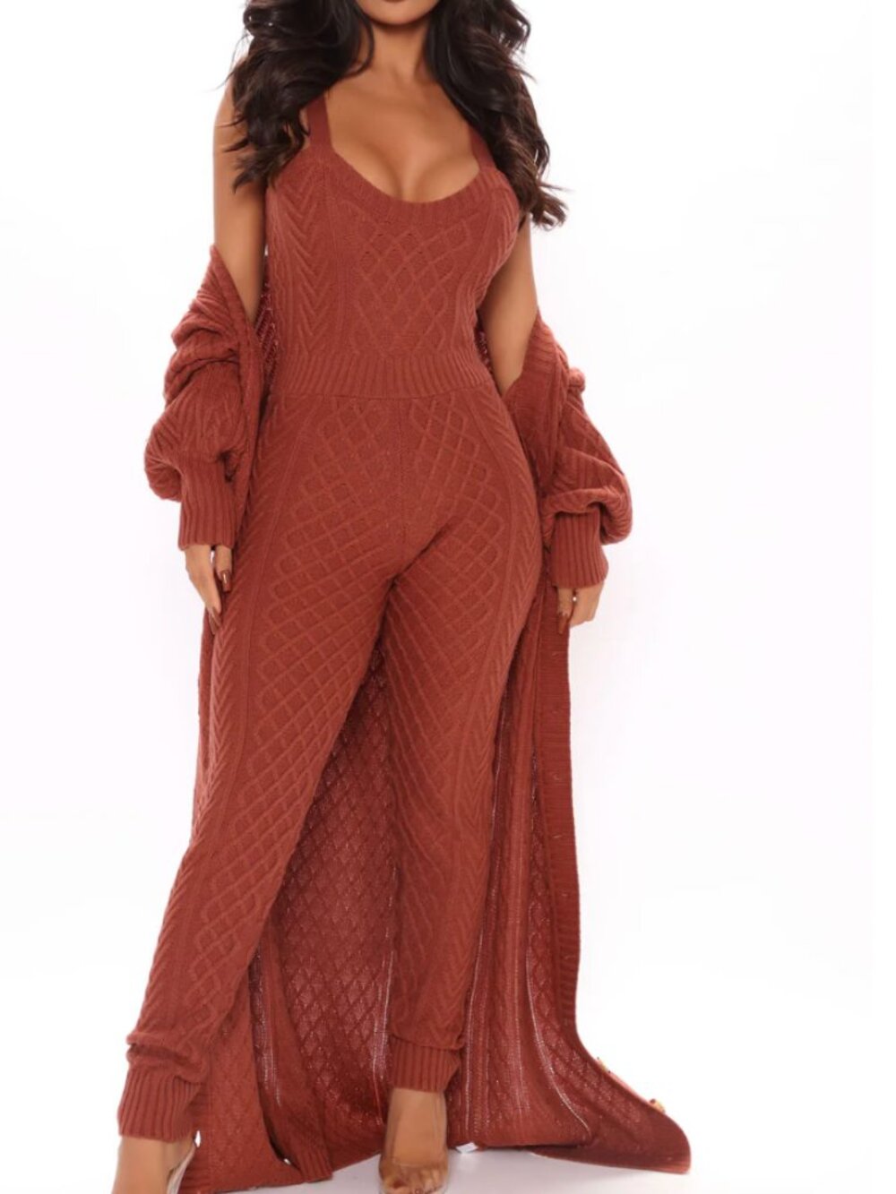 Fashion Nova Rust Cable Knit Jumpsuit & Long Cardigan Set